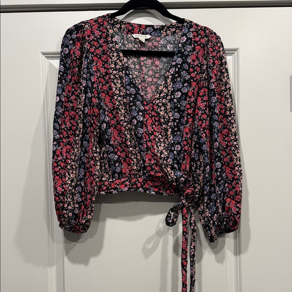 American Eagle Outfitters Floral Wrap Blouse - Pink and Black
